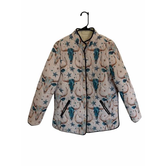 Women's Large Cream Blue Brown Longhorn Icon Quilted Clasp Long Sleeve Jacket - Picture 2 of 9